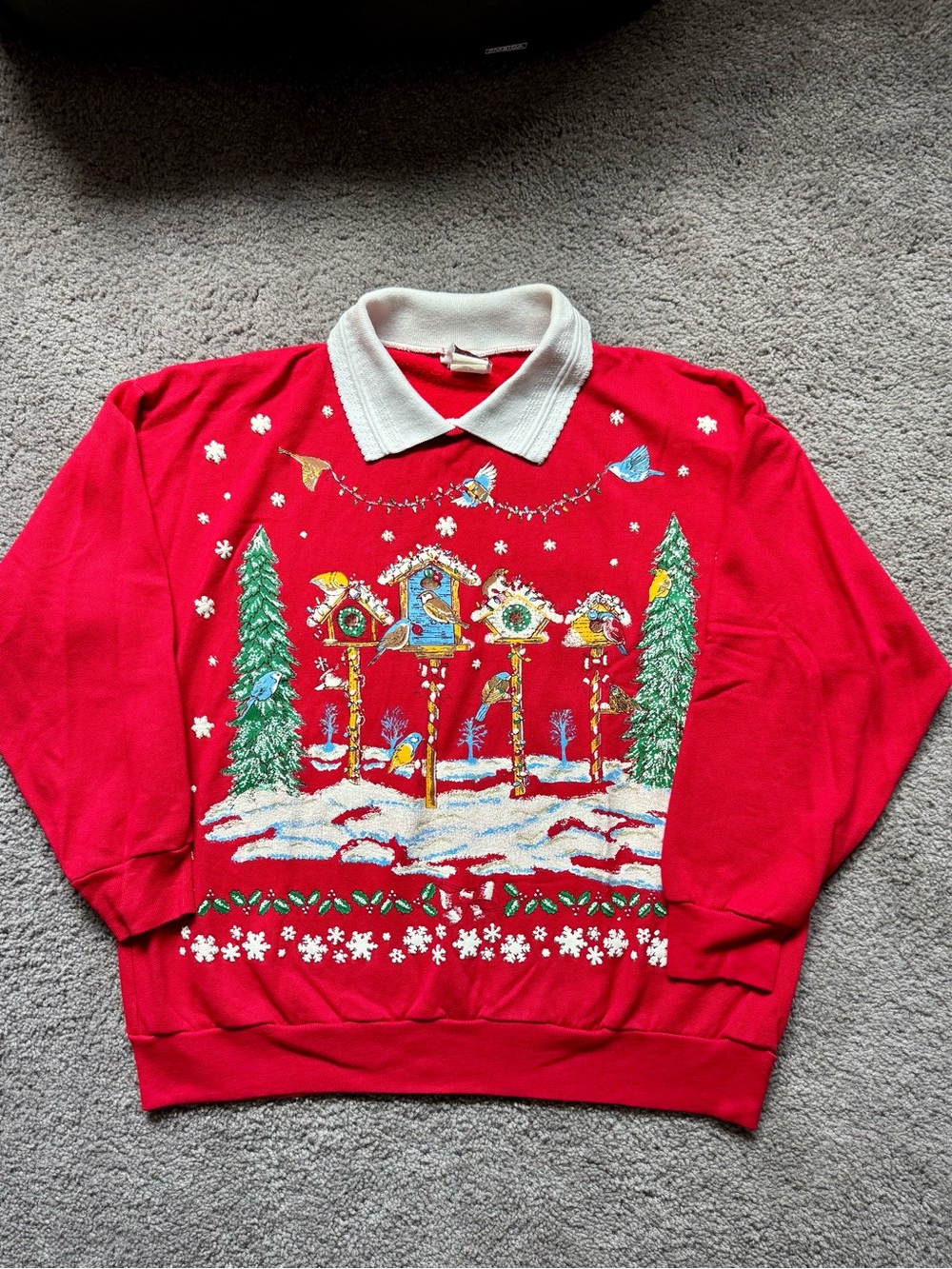 Vintage Holiday Puffy Birdhouse Sweater with Collar- Size L - Picture 3 of 7